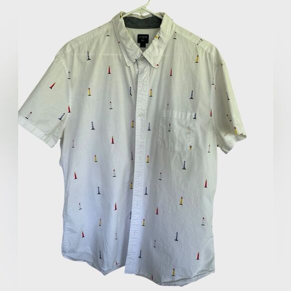 J. Crew Menโs White Short Sleeve Cotton Button-Down Shirt | Lighthouse Print XL - Picture 1 of 6